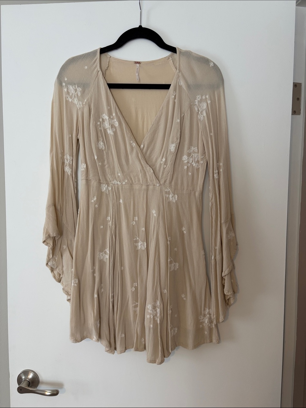 Free People Beige Floral Mini Dress with V-Neck